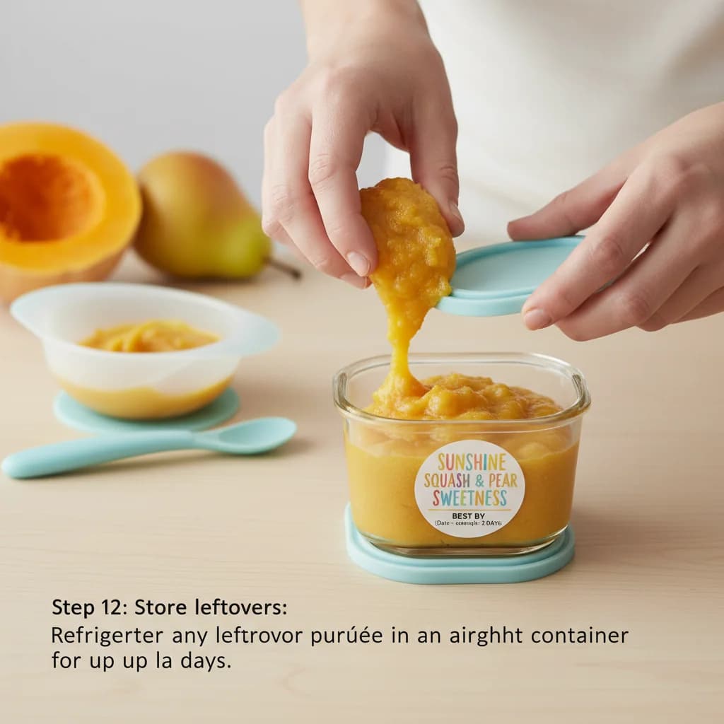 Step 12: Store leftovers: Refrigerate any leftover purée in an airtight container for up to 2 days. for Sunshine Squash & Pear Sweetness