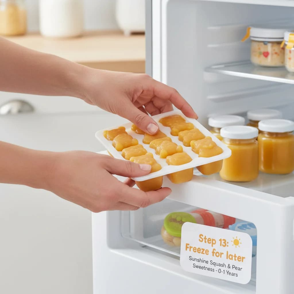 Step 13: Freeze for later: For longer storage, freeze the purée in ice cube trays or small freezer-safe conta for Sunshine Squash & Pear Sweetness