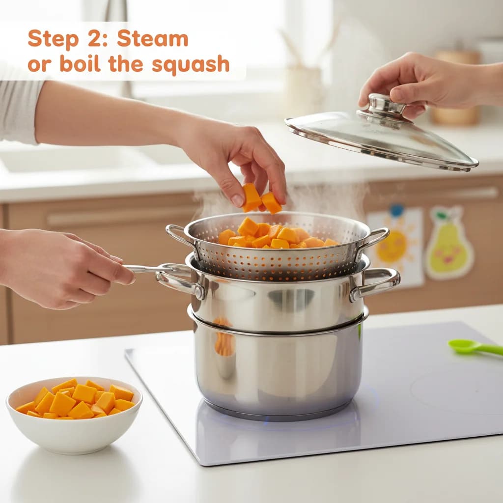 Step 2: Steam or boil the squash: Place the diced squash in a steamer basket over boiling water, or in a pot for Sunshine Squash & Pear Sweetness