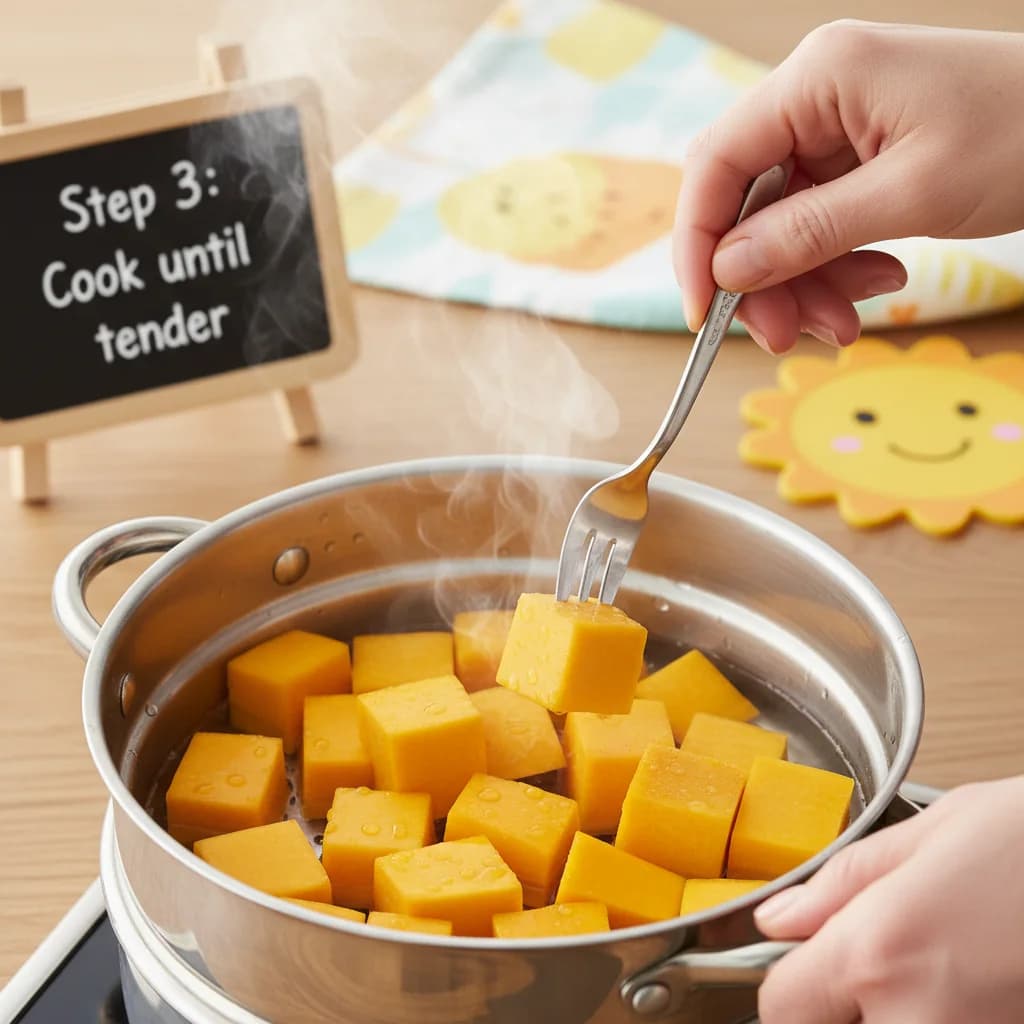 Step 3: Cook the squash until tender: Steam or boil the squash for about 10 minutes, or until it is fork-ten for Sunshine Squash & Pear Sweetness