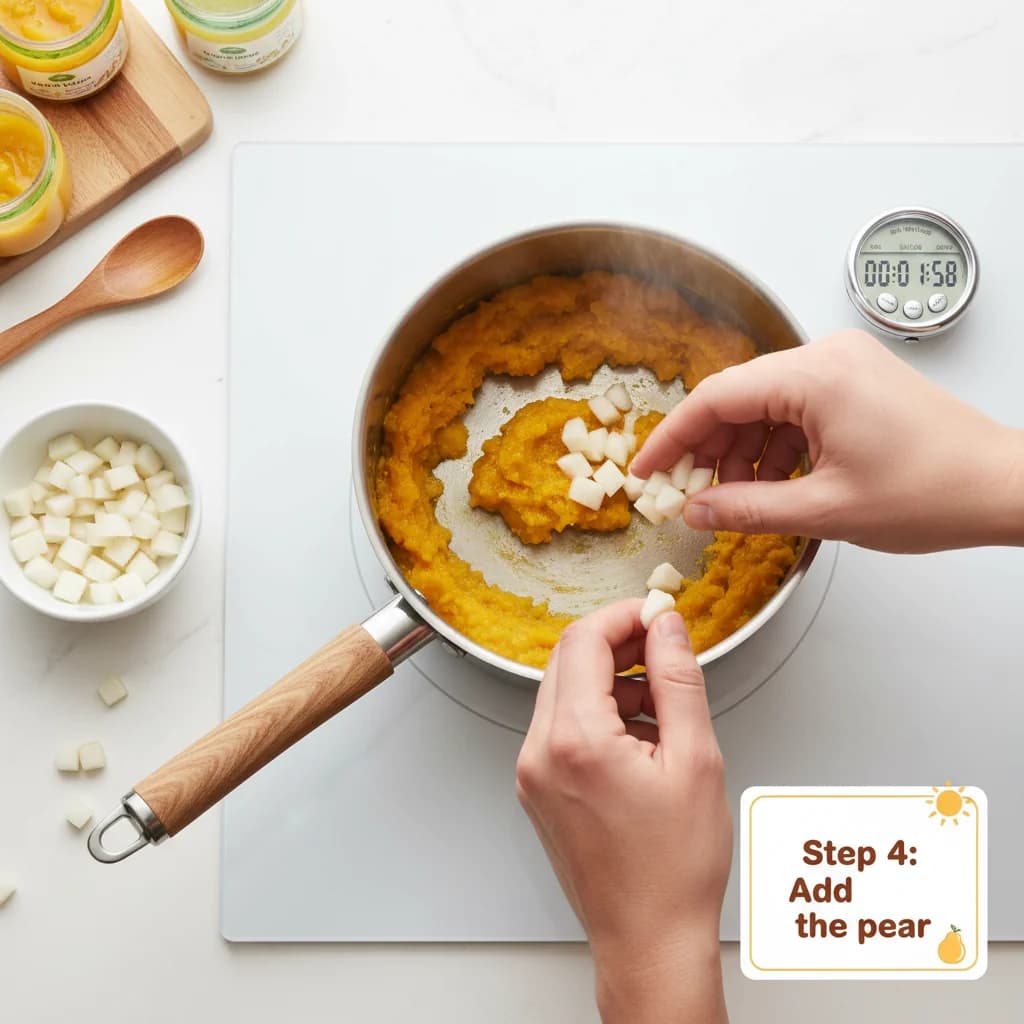 Step 4: Add the pear: Add the diced pear to the squash during the last 2 minutes of cooking. This softens th for Sunshine Squash & Pear Sweetness