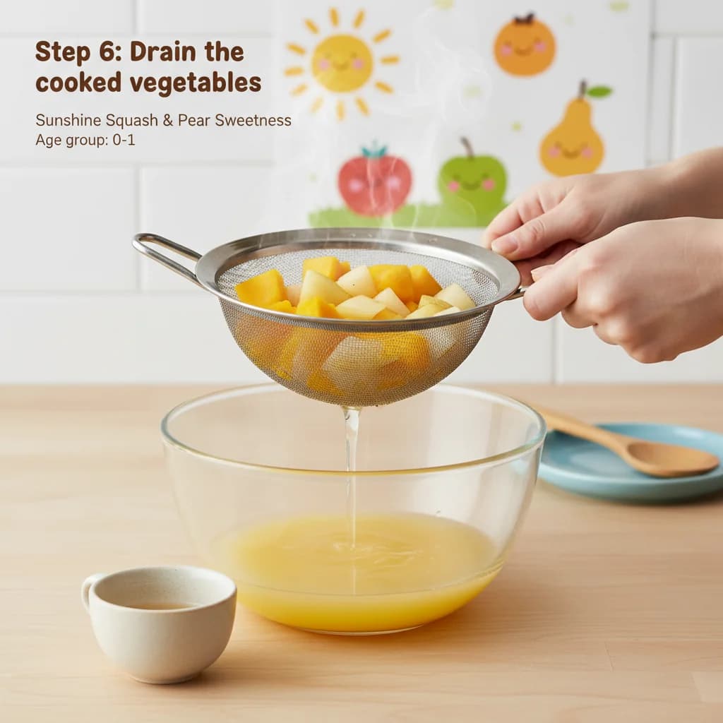 Step 6: Drain the cooked vegetables: If you boiled the squash and pear, drain the water, reserving a few tab for Sunshine Squash & Pear Sweetness