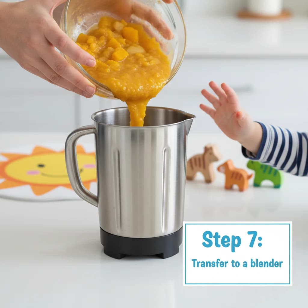 Step 7: Transfer to a blender: Carefully transfer the cooked squash and pear to a blender or food processor. for Sunshine Squash & Pear Sweetness