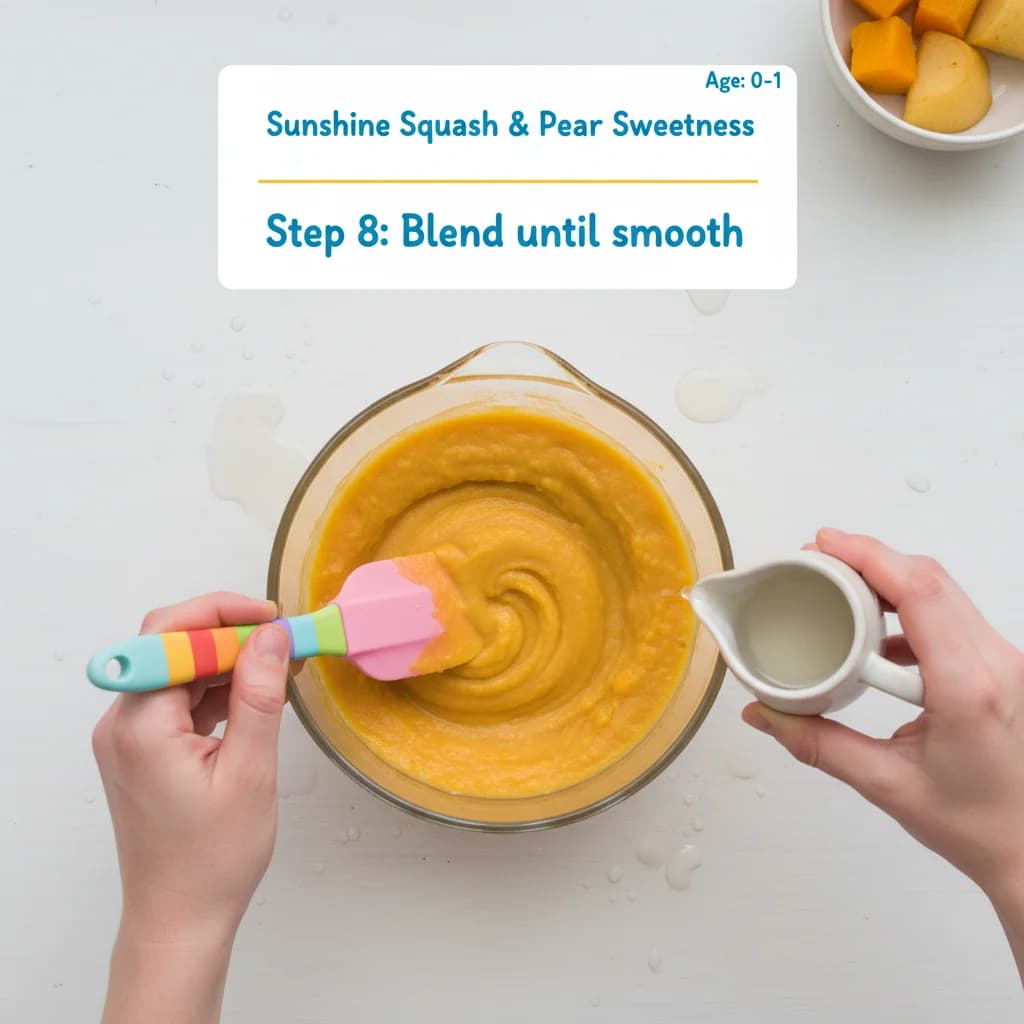 Step 8: Blend until smooth: Begin blending the mixture on low speed, gradually increasing to high. Add a tab for Sunshine Squash & Pear Sweetness