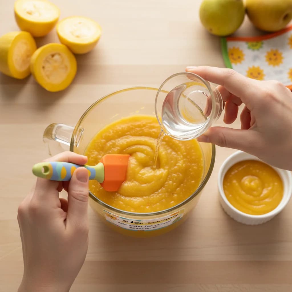 Step 9: Adjust consistency: Continue blending until the purée reaches your desired consistency. Add more wat for Sunshine Squash & Pear Sweetness