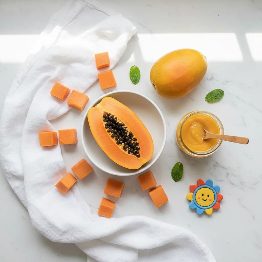 All ingredients needed for Tropical Sunshine Papaya Purée arranged on a clean surface