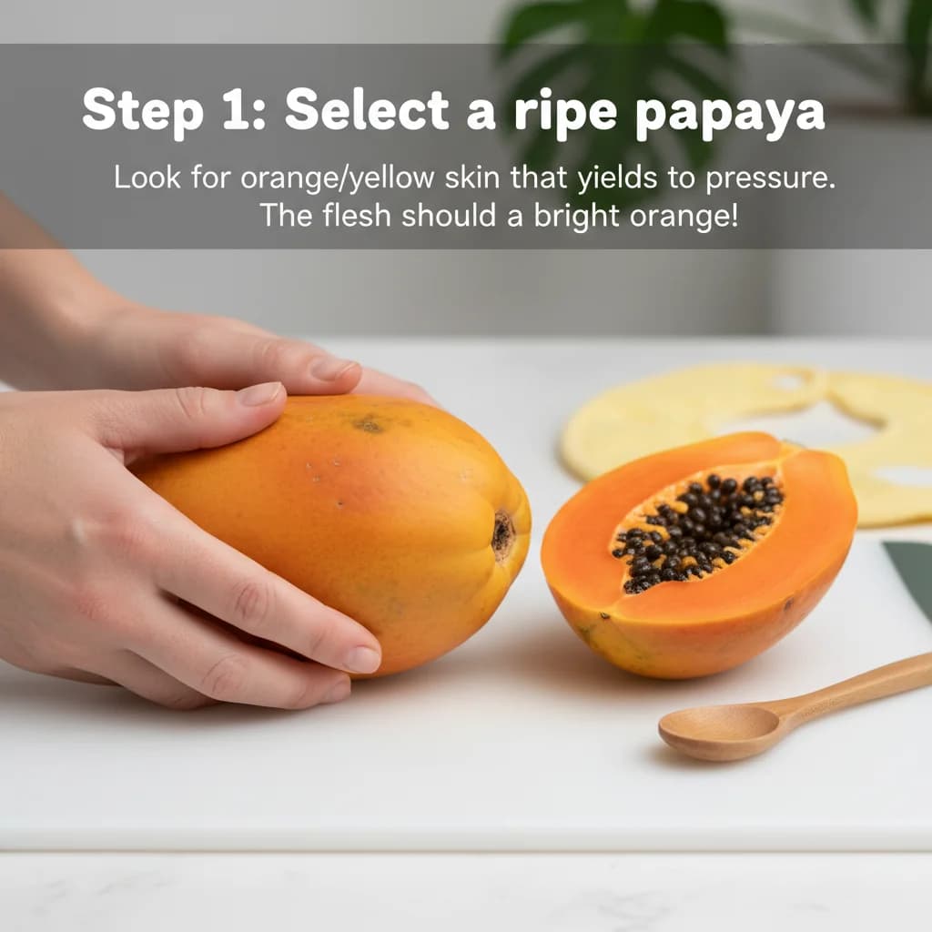Step 1: **Select a ripe papaya:** Look for a papaya with orange/yellow skin that yields slightly to gentle p for Tropical Sunshine Papaya Purée