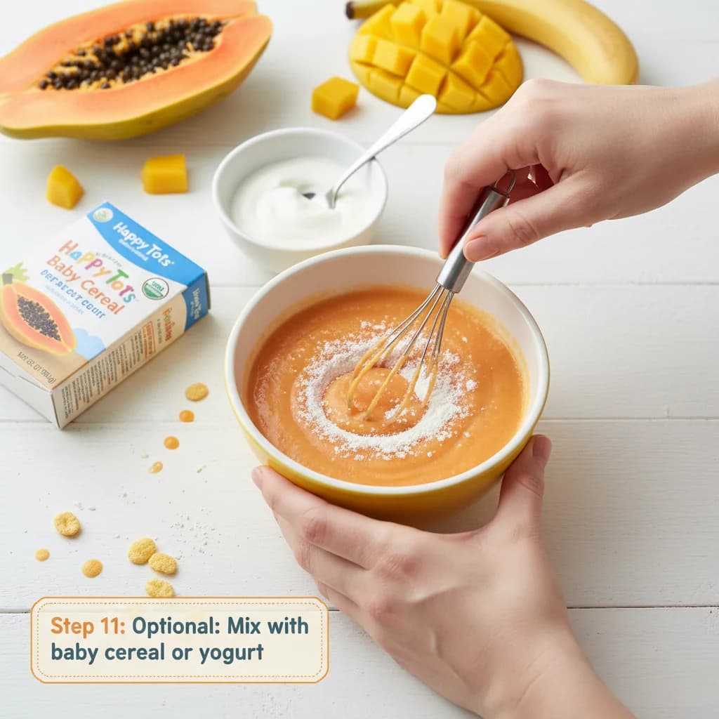 Step 11: **Optional: Mix with other foods:** If desired, mix the papaya purée with a small amount of baby cer for Tropical Sunshine Papaya Purée