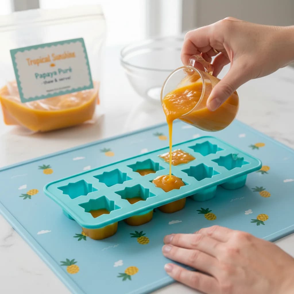 Step 13: **Freezing (optional):** Papaya purée can be frozen in ice cube trays for longer storage (up to 1 mo for Tropical Sunshine Papaya Purée