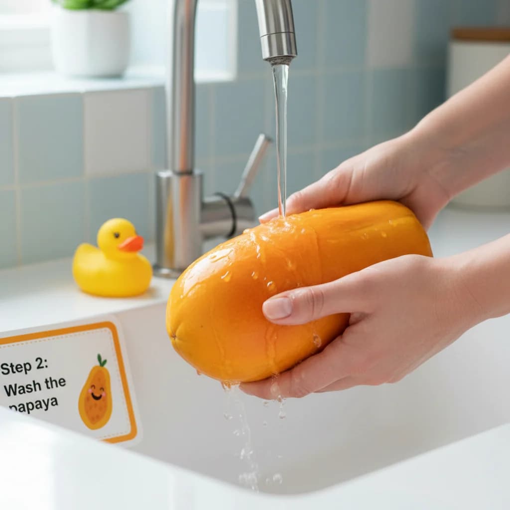 Step 2: **Wash the papaya:** Thoroughly wash the outside of the papaya under cool running water to remove an for Tropical Sunshine Papaya Purée