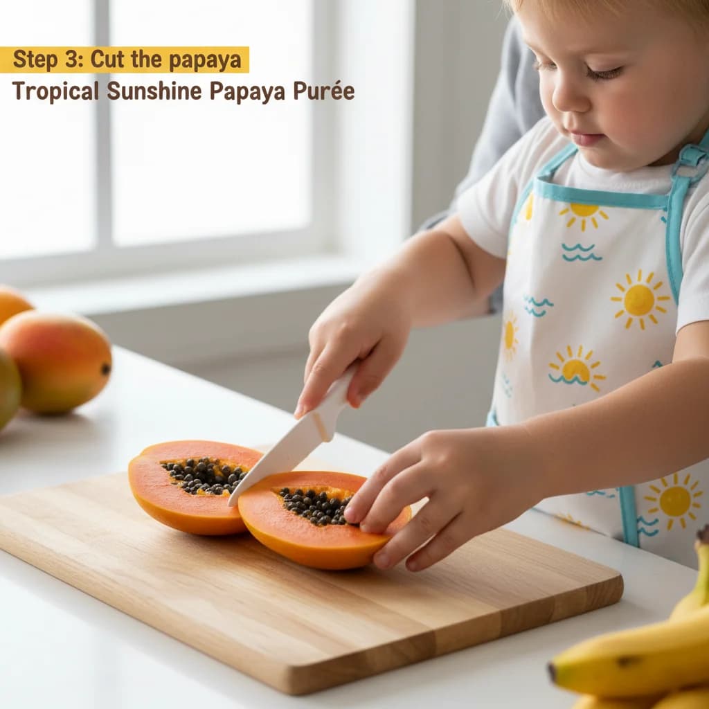 Step 3: **Cut the papaya:** Place the papaya on a cutting board and carefully cut it in half lengthwise. for Tropical Sunshine Papaya Purée