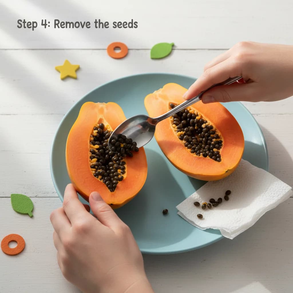 Step 4: **Remove the seeds:** Use a spoon to scoop out and discard the black seeds from both halves of the p for Tropical Sunshine Papaya Purée
