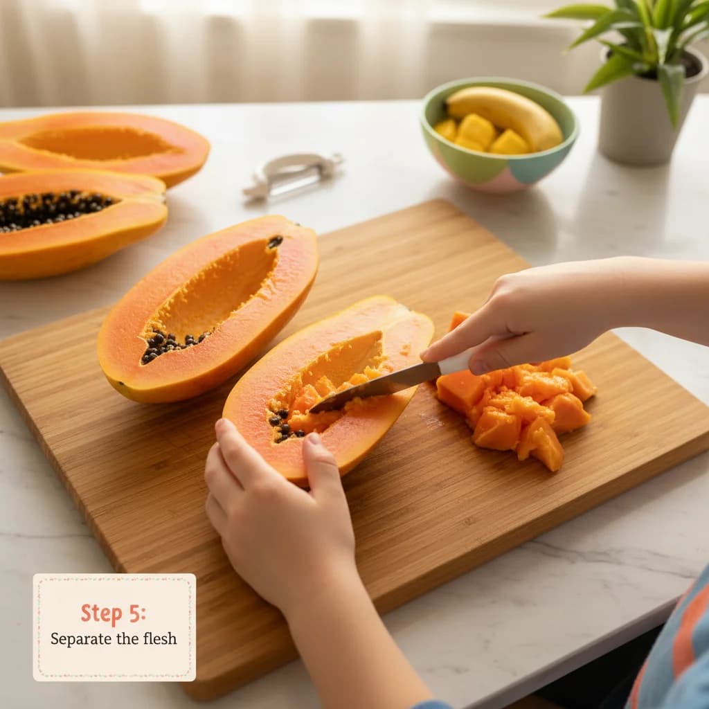 Step 5: **Separate the flesh:** Use a spoon or knife to carefully separate the orange flesh from the skin. A for Tropical Sunshine Papaya Purée