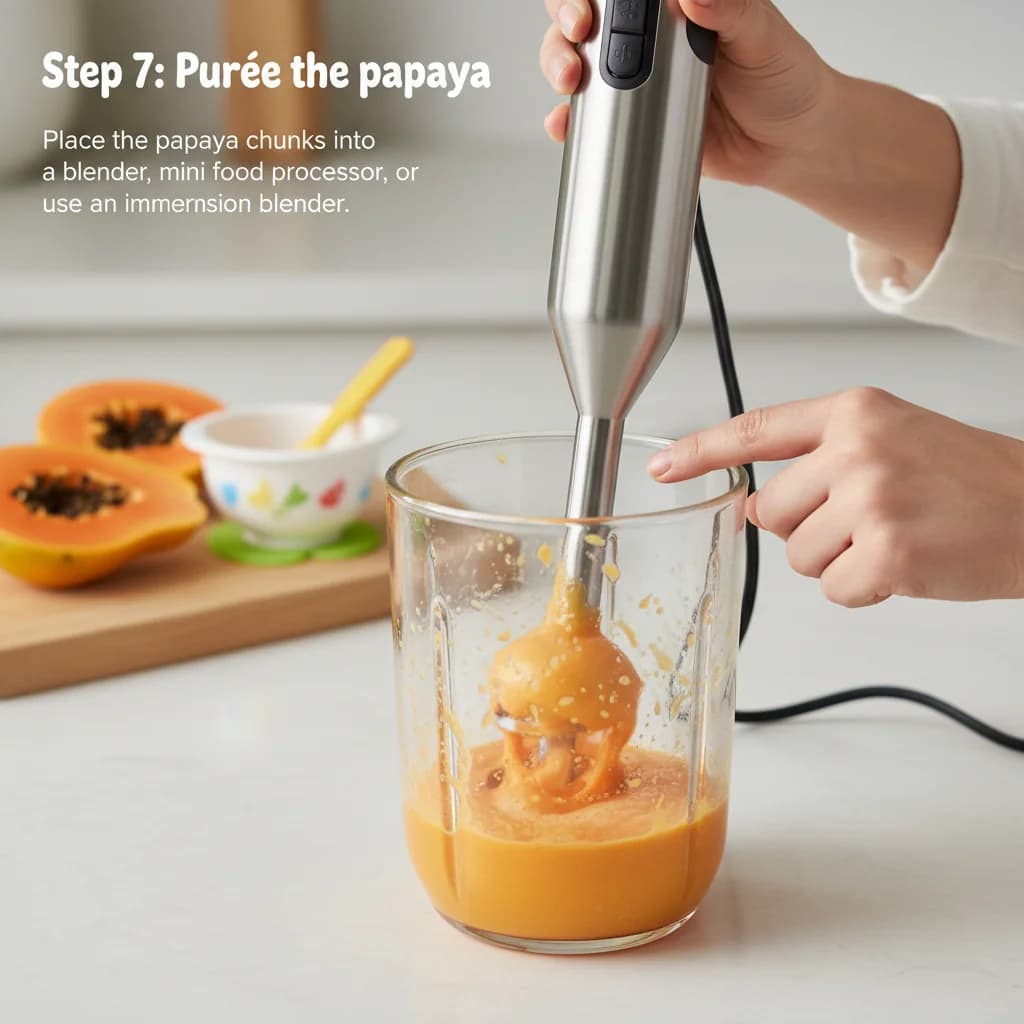 Step 7: **Purée the papaya:** Place the papaya chunks into a blender, mini food processor, or use an immersi for Tropical Sunshine Papaya Purée