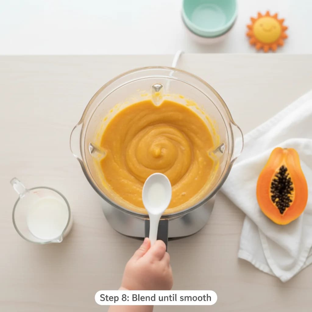 Step 8: **Blend until smooth:** Blend the papaya until it reaches a smooth, lump-free consistency. Add a tab for Tropical Sunshine Papaya Purée