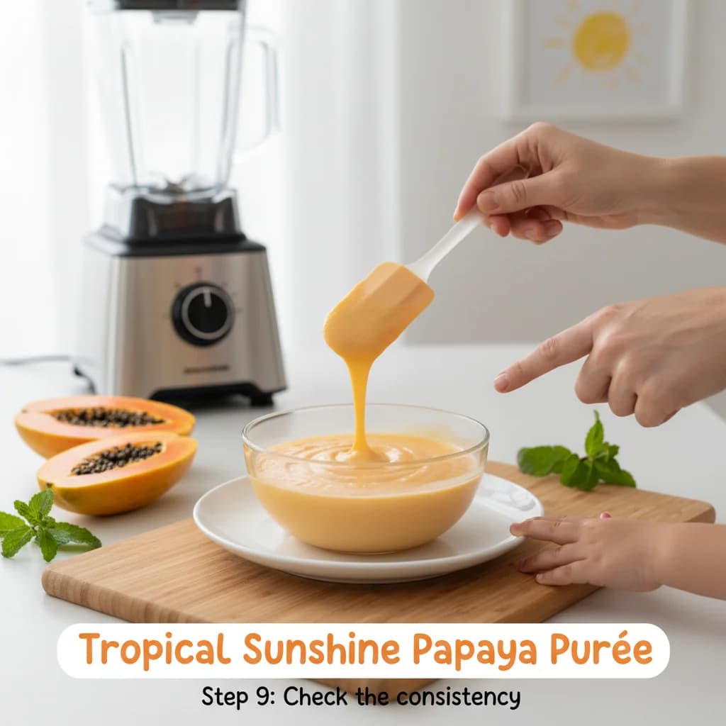 Step 9: **Check the consistency:** Ensure the purée is smooth and free of any large pieces that could be a c for Tropical Sunshine Papaya Purée