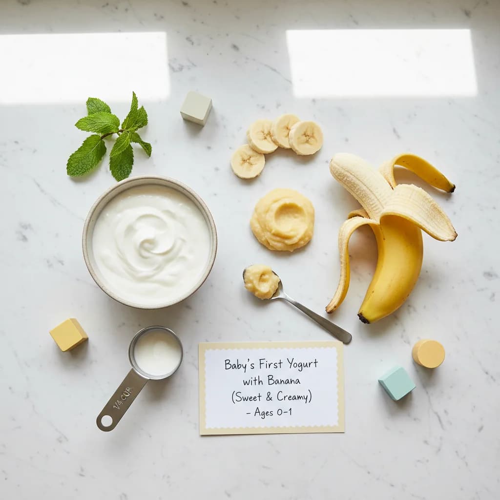 All ingredients needed for Baby's First Yogurt with Banana (Sweet & Creamy) arranged on a clean surface