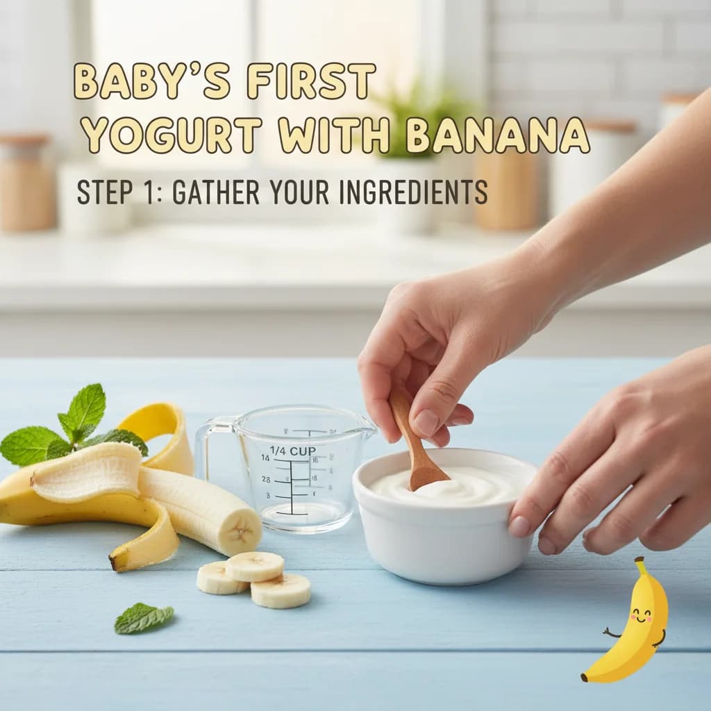 Step 1: Gather your ingredients: Measure out 1/4 cup of plain, whole milk yogurt and have 1/3 of a ripe bana for Baby's First Yogurt with Banana (Sweet & Creamy)