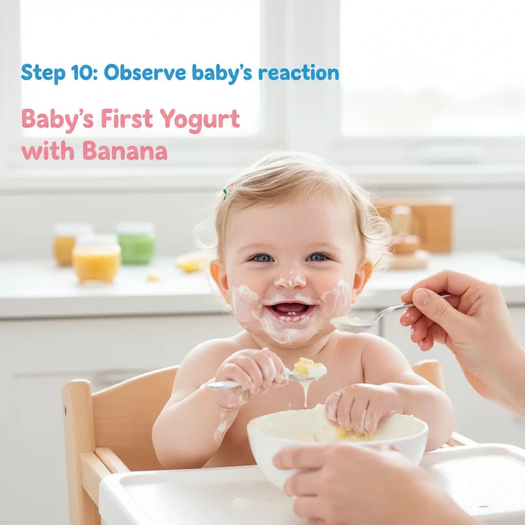 Step 10: Observe baby's reaction: Watch your baby's reaction to the taste and texture. It's okay if they make for Baby's First Yogurt with Banana (Sweet & Creamy)