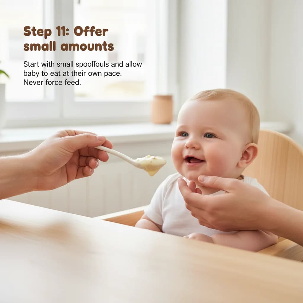 Step 11: Offer small amounts: Start with small spoonfuls and allow your baby to eat at their own pace. Never for Baby's First Yogurt with Banana (Sweet & Creamy)