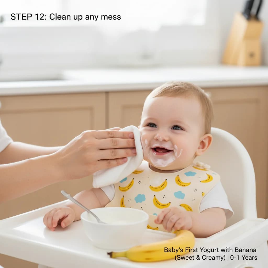 Step 12: Clean up any mess: Yogurt can be messy! Be prepared with a bib and a damp cloth for easy clean-up. for Baby's First Yogurt with Banana (Sweet & Creamy)