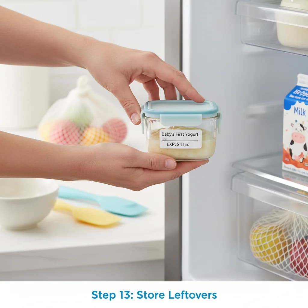 Step 13: Store leftovers (if any): If there are any leftovers, store them in an airtight container in the ref for Baby's First Yogurt with Banana (Sweet & Creamy)