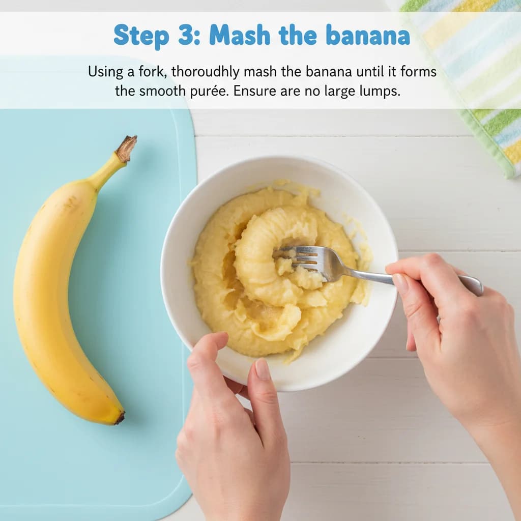 Step 3: Mash the banana: Using a fork, thoroughly mash the banana until it forms a smooth purée. Ensure ther for Baby's First Yogurt with Banana (Sweet & Creamy)