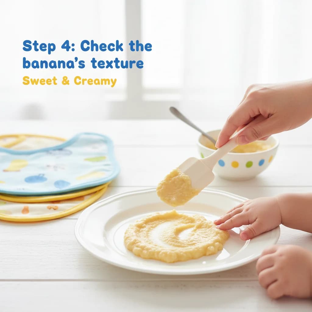 Step 4: Check the banana's texture: The mashed banana should be very smooth, almost like baby food consisten for Baby's First Yogurt with Banana (Sweet & Creamy)