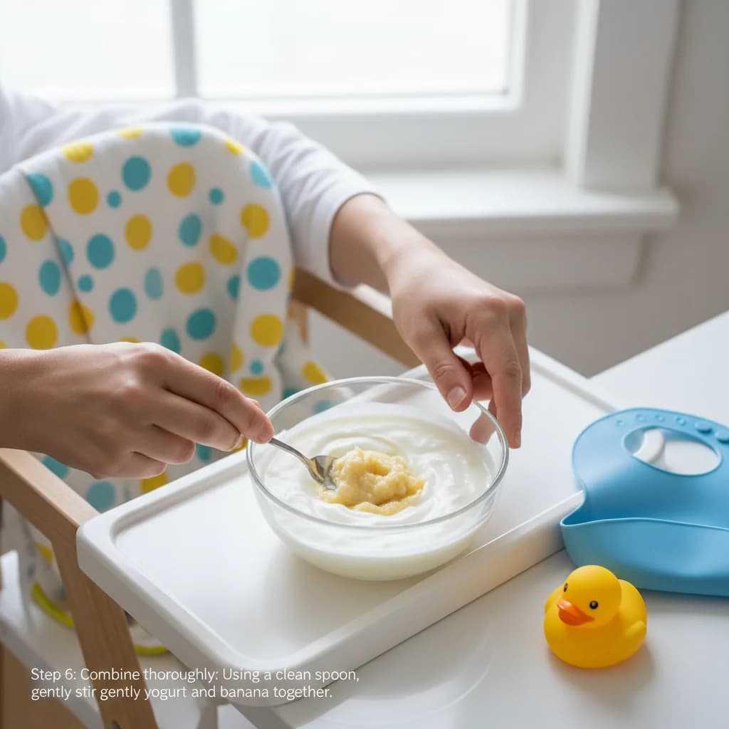 Step 6: Combine thoroughly: Using a clean spoon, gently stir the yogurt and banana together. for Baby's First Yogurt with Banana (Sweet & Creamy)
