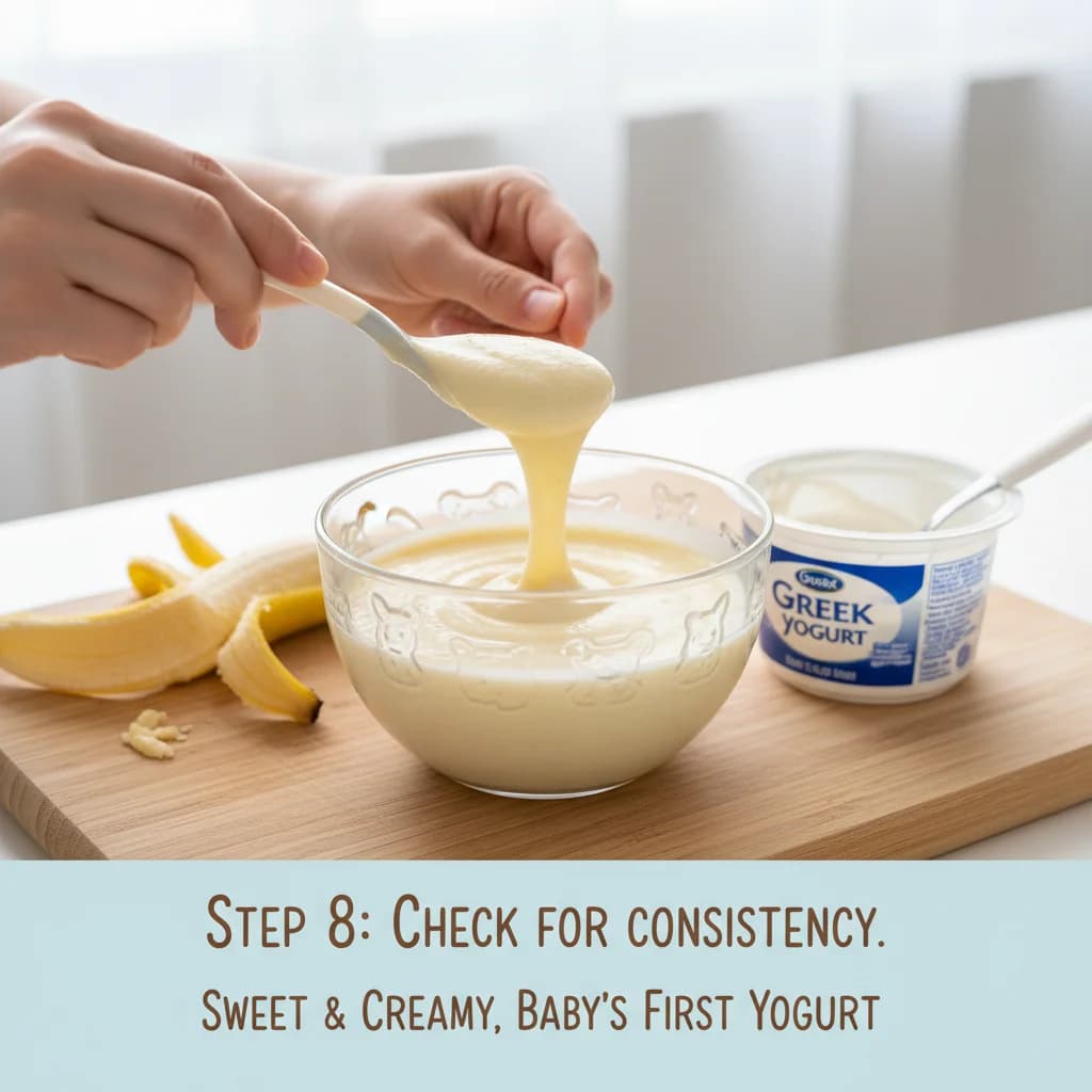 Step 8: Check for consistency: The final mixture should be creamy and easy for a baby to swallow. If using r for Baby's First Yogurt with Banana (Sweet & Creamy)
