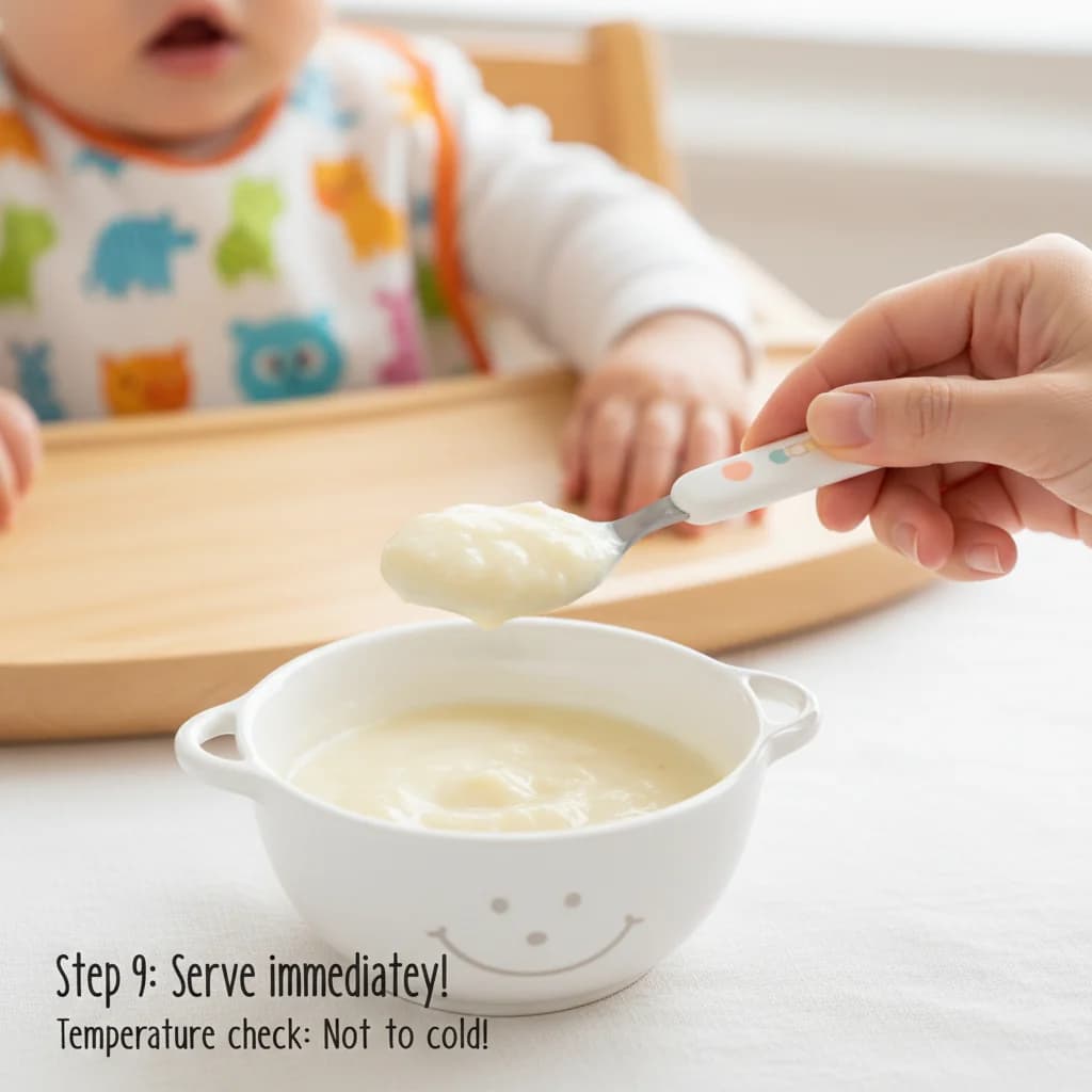 Step 9: Serve immediately: Offer the banana yogurt to your baby on a spoon. Make sure the temperature is app for Baby's First Yogurt with Banana (Sweet & Creamy)