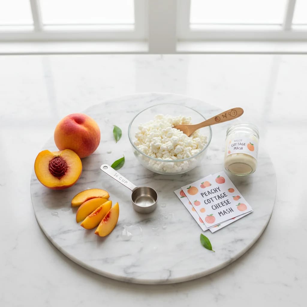 All ingredients needed for Peachy Cottage Cheese Mash arranged on a clean surface