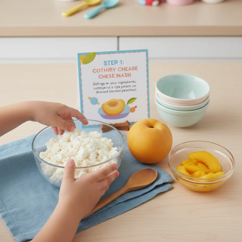 Step 1: Gather your ingredients: cottage cheese and a ripe peach (or drained canned peaches). for Peachy Cottage Cheese Mash