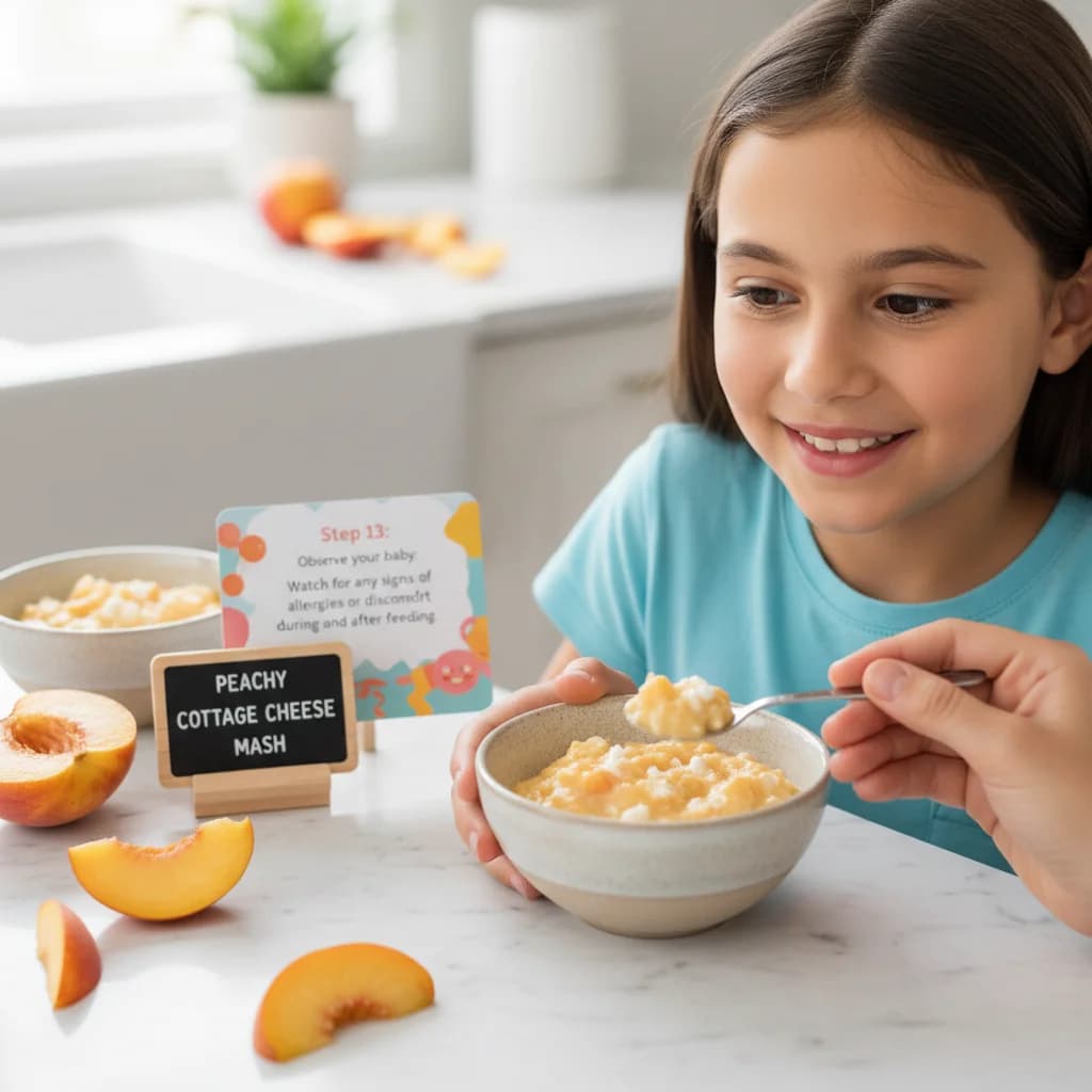 Step 13: Observe your baby: Watch for any signs of allergies or discomfort during and after feeding. for Peachy Cottage Cheese Mash