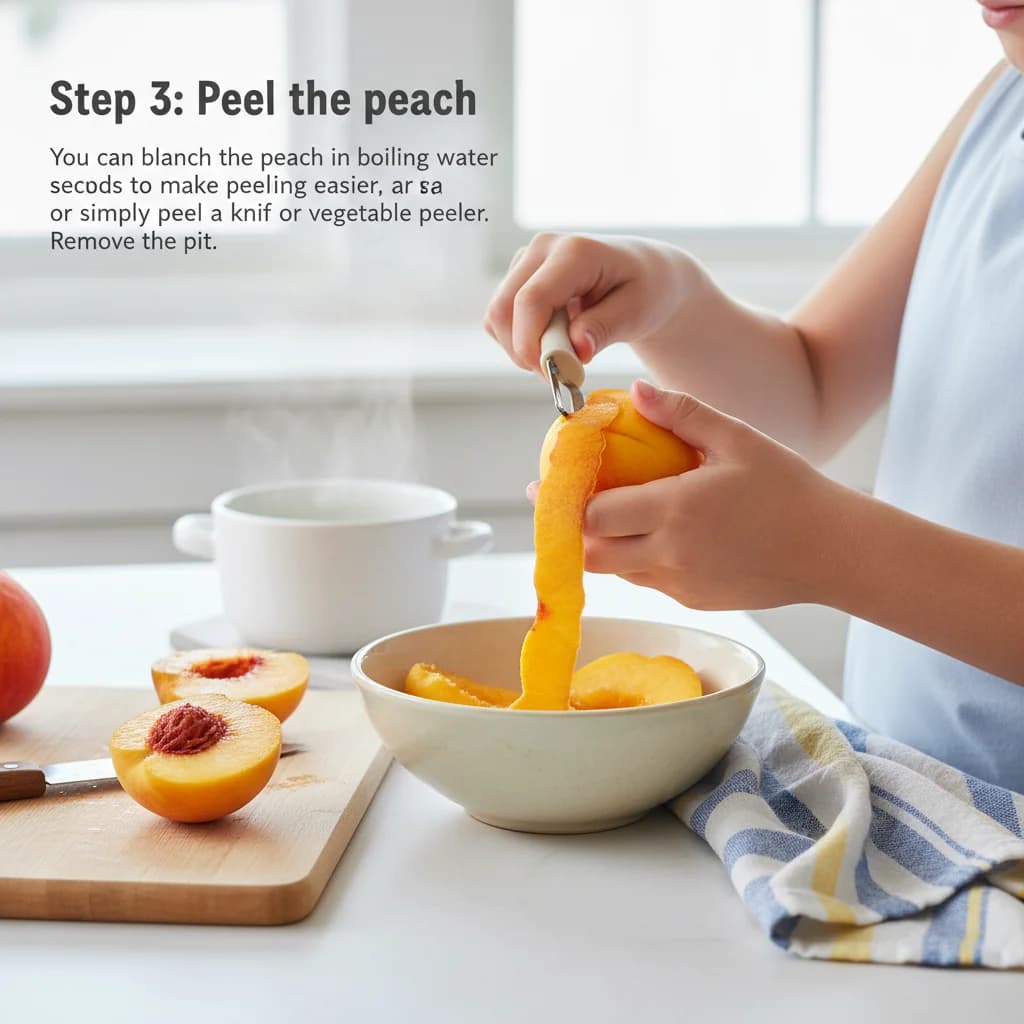 Step 3: Peel the peach: You can blanch the peach in boiling water for 30 seconds to make peeling easier, or for Peachy Cottage Cheese Mash