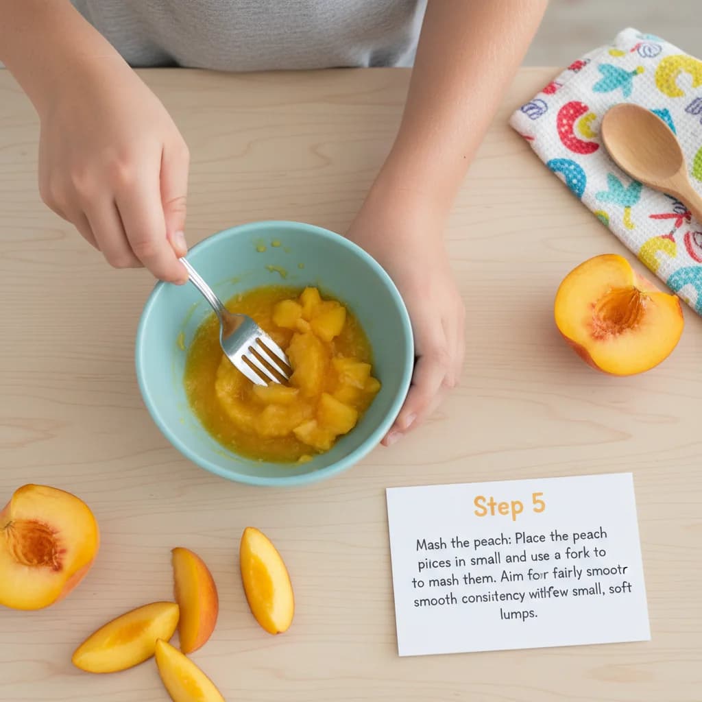 Step 5: Mash the peach: Place the peach pieces in a small bowl and use a fork to mash them. Aim for a fairly for Peachy Cottage Cheese Mash