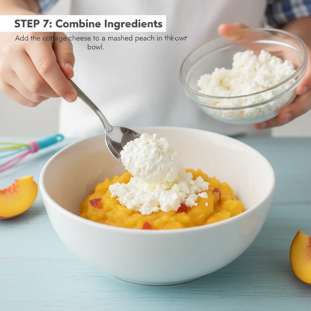 Step 7: Combine ingredients: Add the cottage cheese to the mashed peach in the bowl. for Peachy Cottage Cheese Mash