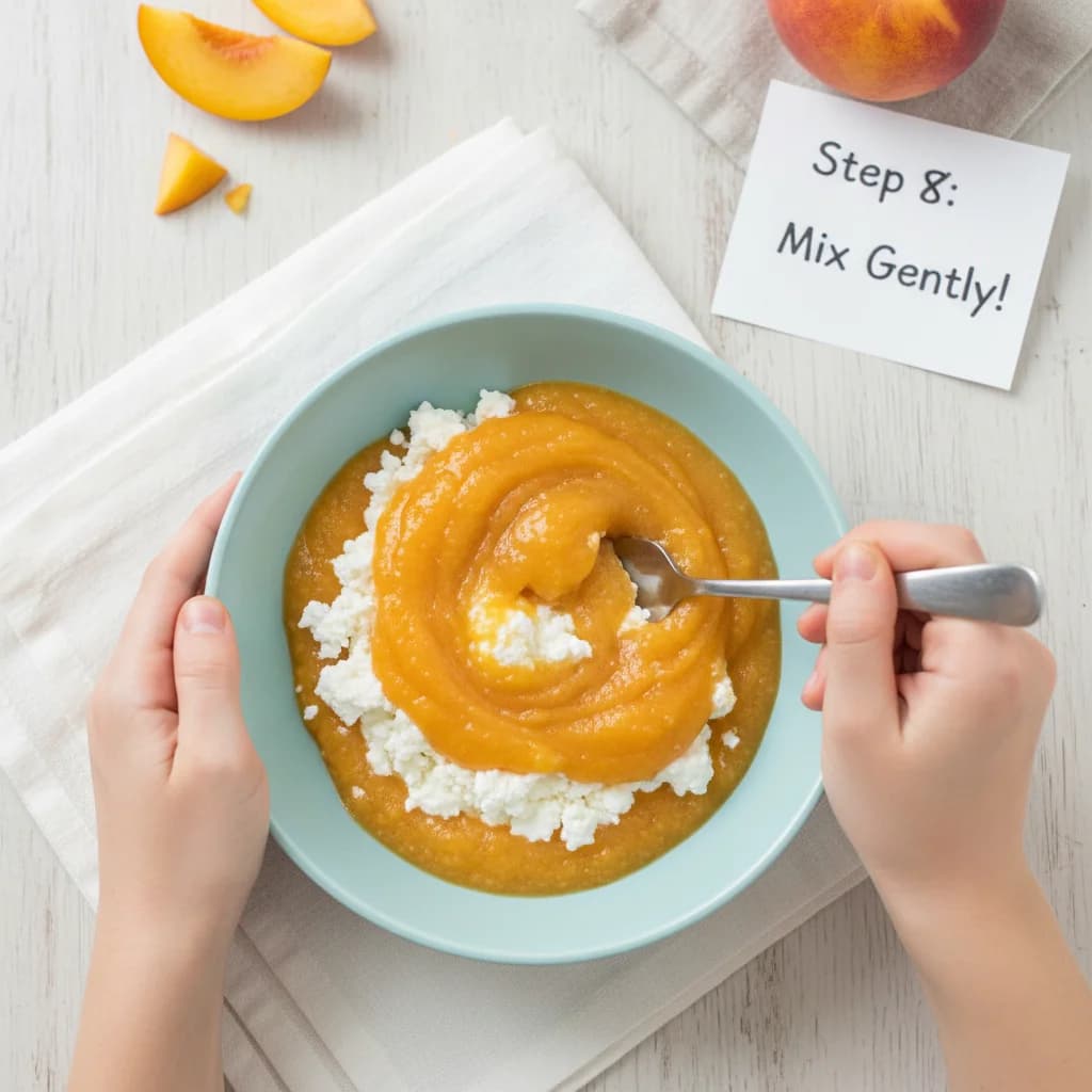 Step 8: Mix gently: Use the fork to gently mix the cottage cheese with the mashed peach. Slightly mash the c for Peachy Cottage Cheese Mash