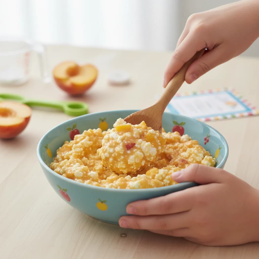 Step 9: Check consistency: The mixture should be a lumpy mash, with the peach puree coating the cottage chee for Peachy Cottage Cheese Mash