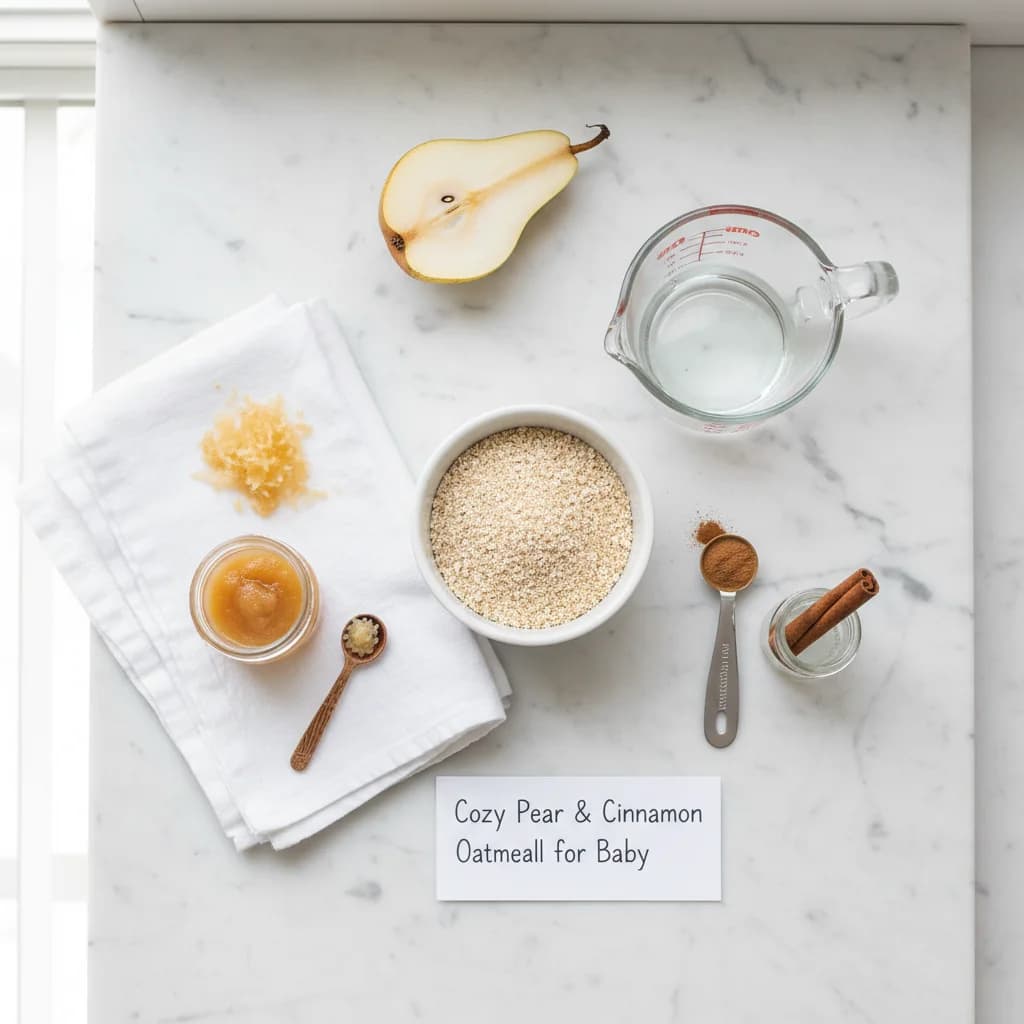 All ingredients needed for Cozy Pear & Cinnamon Oatmeal for Baby arranged on a clean surface