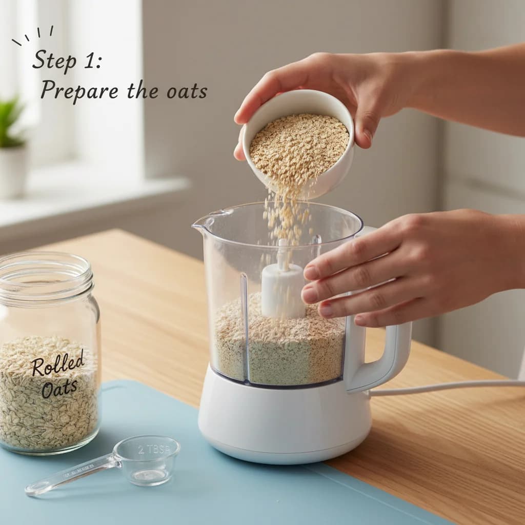 Step 1: **Prepare the oats:** Measure out 2 tablespoons of quick oats or rolled oats. If using rolled oats, for Cozy Pear & Cinnamon Oatmeal for Baby