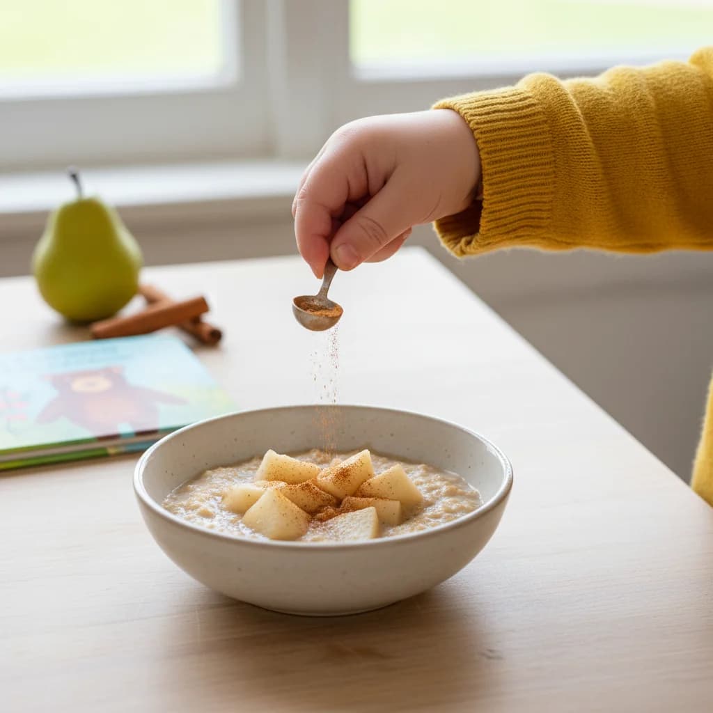 Step 10: **Sprinkle with cinnamon:** Add a tiny pinch (less than 1/16 teaspoon) of ground cinnamon to the oat for Cozy Pear & Cinnamon Oatmeal for Baby