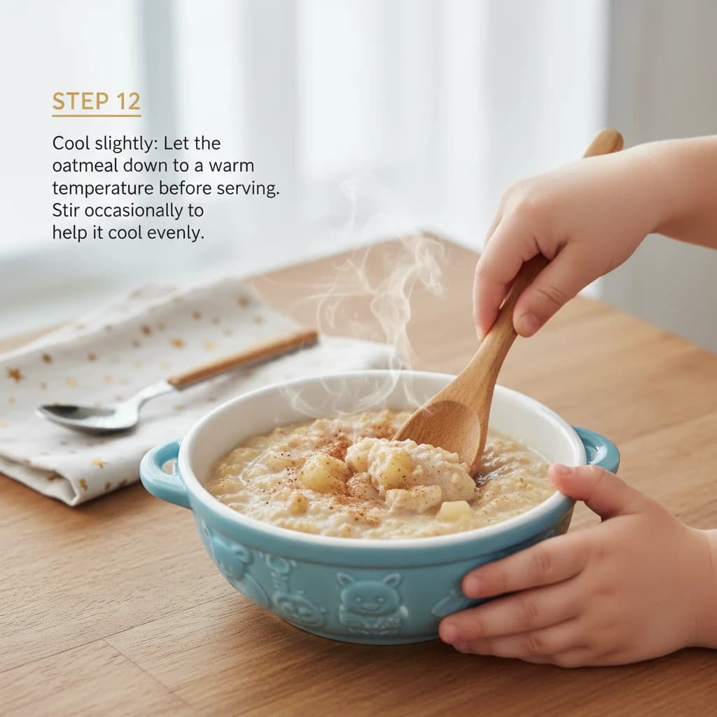Step 12: **Cool slightly:** Let the oatmeal cool down to a warm temperature before serving. Stir occasionally for Cozy Pear & Cinnamon Oatmeal for Baby