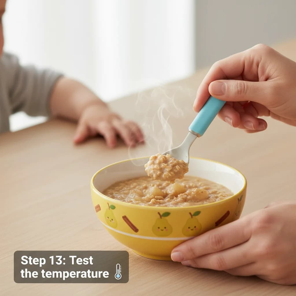 Step 13: **Test the temperature:** Before serving, test the temperature of the oatmeal to ensure it is not to for Cozy Pear & Cinnamon Oatmeal for Baby