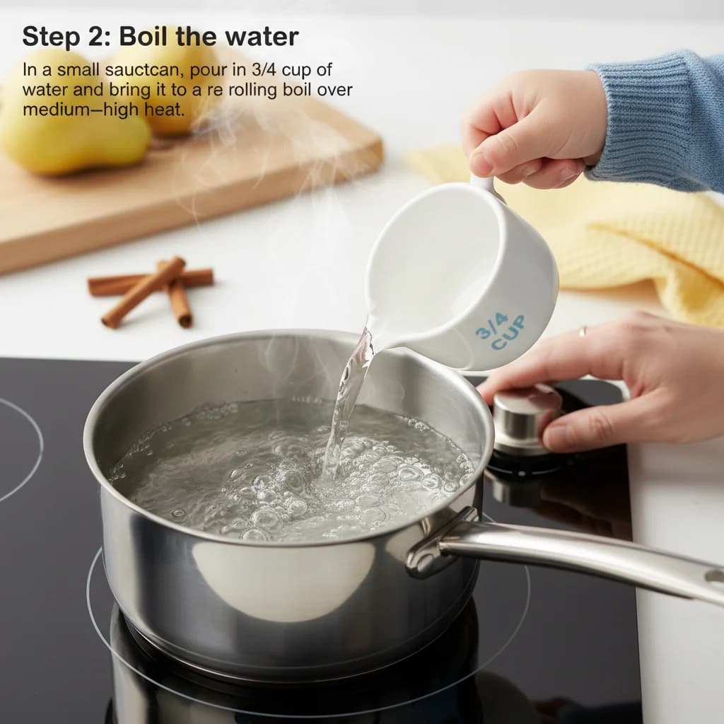 Step 2: **Boil the water:** In a small saucepan, pour in 3/4 cup of water and bring it to a rolling boil ove for Cozy Pear & Cinnamon Oatmeal for Baby