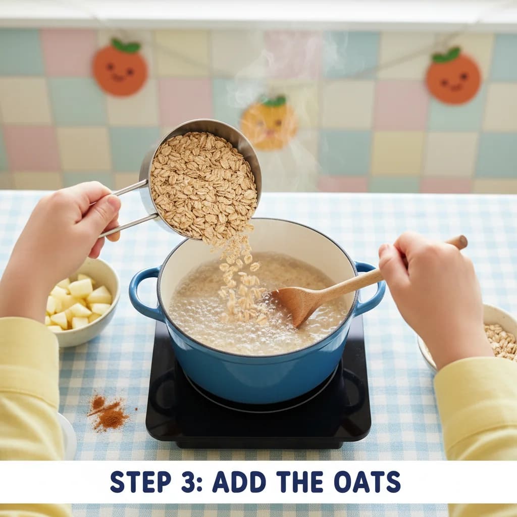 Step 3: **Add the oats:** Once the water is boiling, stir in the prepared oats. for Cozy Pear & Cinnamon Oatmeal for Baby