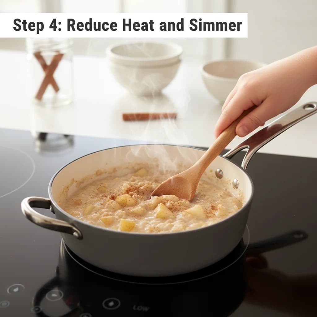 Step 4: **Reduce heat and simmer:** Reduce the heat to low and let the oatmeal simmer gently for about 3-5 m for Cozy Pear & Cinnamon Oatmeal for Baby