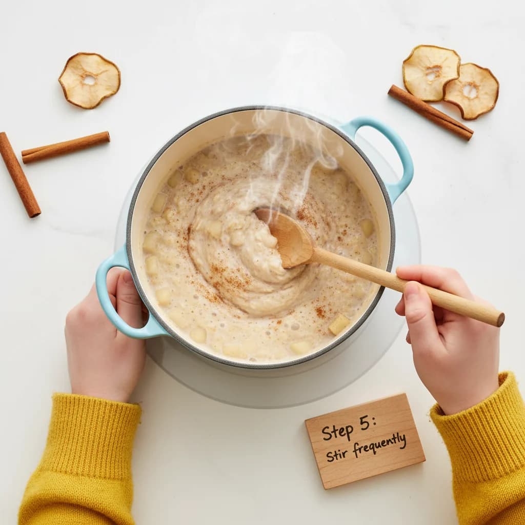 Step 5: **Stir frequently:** Stir the oatmeal frequently during cooking to prevent it from clumping and stic for Cozy Pear & Cinnamon Oatmeal for Baby