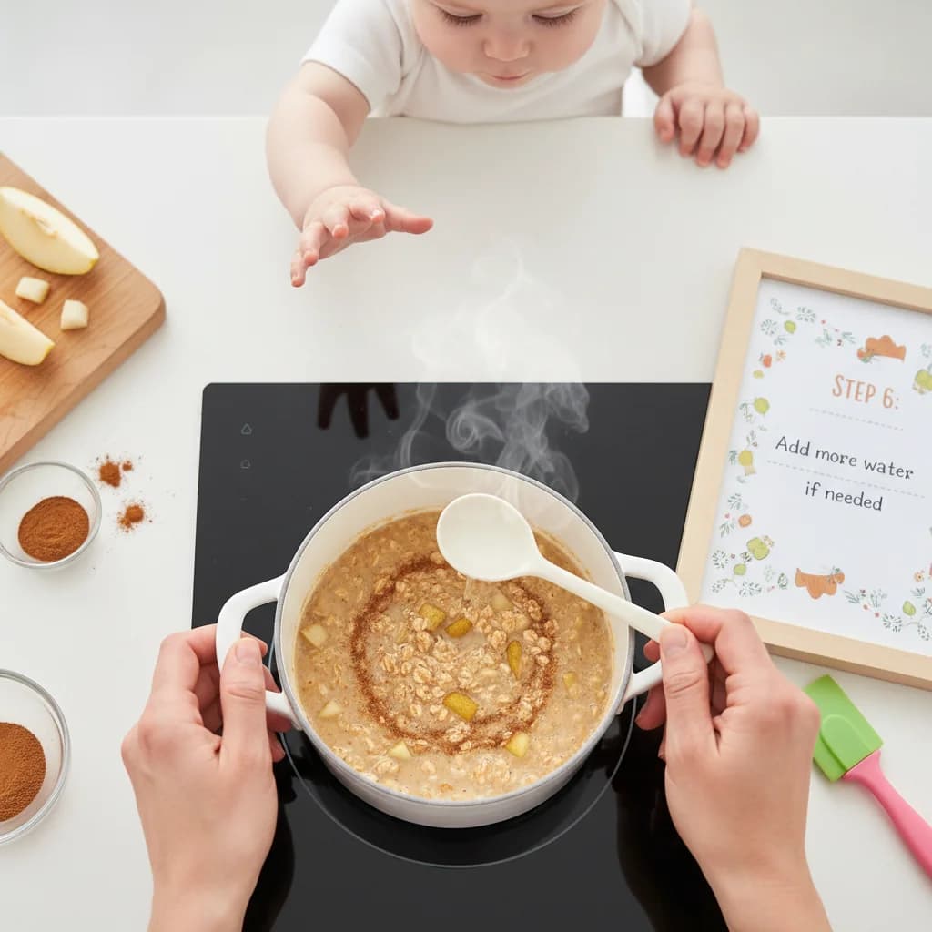 Step 6: **Add more water if needed:** If the oatmeal becomes too thick while cooking, add a tablespoon or tw for Cozy Pear & Cinnamon Oatmeal for Baby
