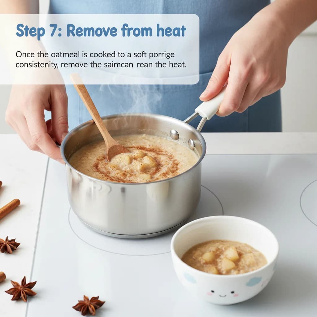 Step 7: **Remove from heat:** Once the oatmeal is cooked to a soft porridge consistency, remove the saucepan for Cozy Pear & Cinnamon Oatmeal for Baby